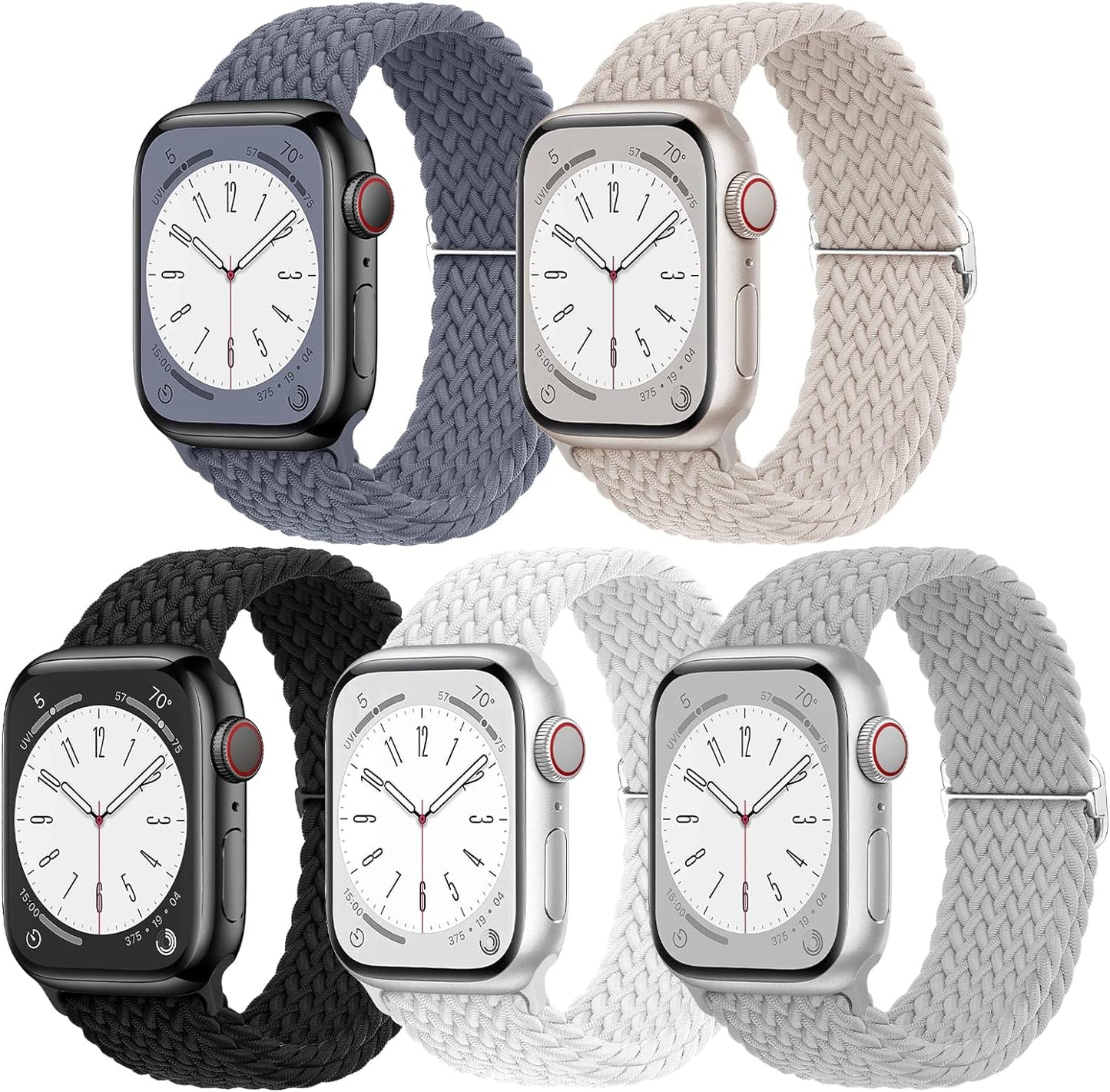 5 Pack Braided Stretchy Adjustable Straps Compatible for Apple Watch Band 38Mm 40Mm 41Mm 42Mm 44Mm 45Mm 49Mm for Women Men ,Sport Elastic Nylon Cloth Wristbands for Iwatch Series Ultra 8 SE 7 6