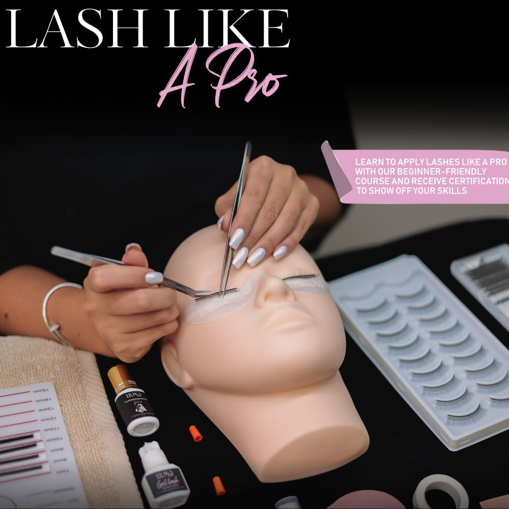 Lash Eyelash Extension Kit & Training Course and Certification, Professional Lash Extension Kit for Beginners Includes Practice Mannequin Head, Lash Trays, Glue, Tweezers, Fan & More