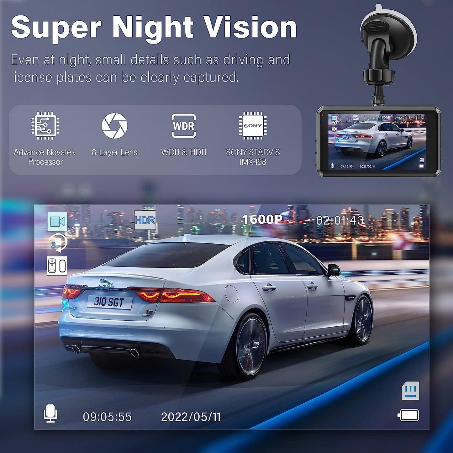 S7 2.5K Dash Cam Front and Rear,64G SD Card,1600P+1080P FHD Dual Dash Camera for Cars,176°+160° Wide Angle,3.2'' IPS Screen Dashcam,G-Sensor,Loop Recording,Wdr,Night Vision,24H Parking Monitor