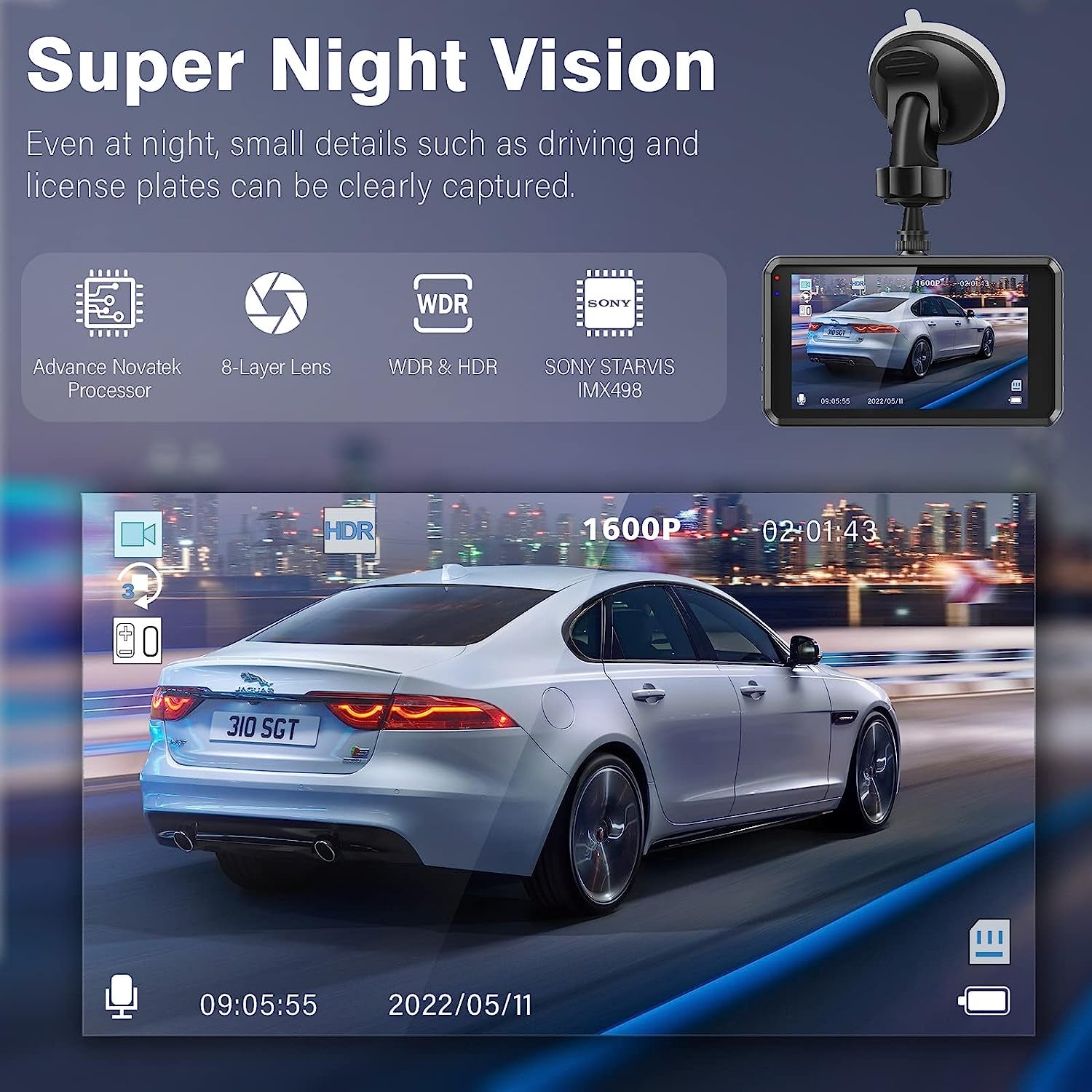 S7 2.5K Dash Cam Front and Rear,64G SD Card,1600P+1080P FHD Dual Dash Camera for Cars,176°+160° Wide Angle,3.2'' IPS Screen Dashcam,G-Sensor,Loop Recording,Wdr,Night Vision,24H Parking Monitor