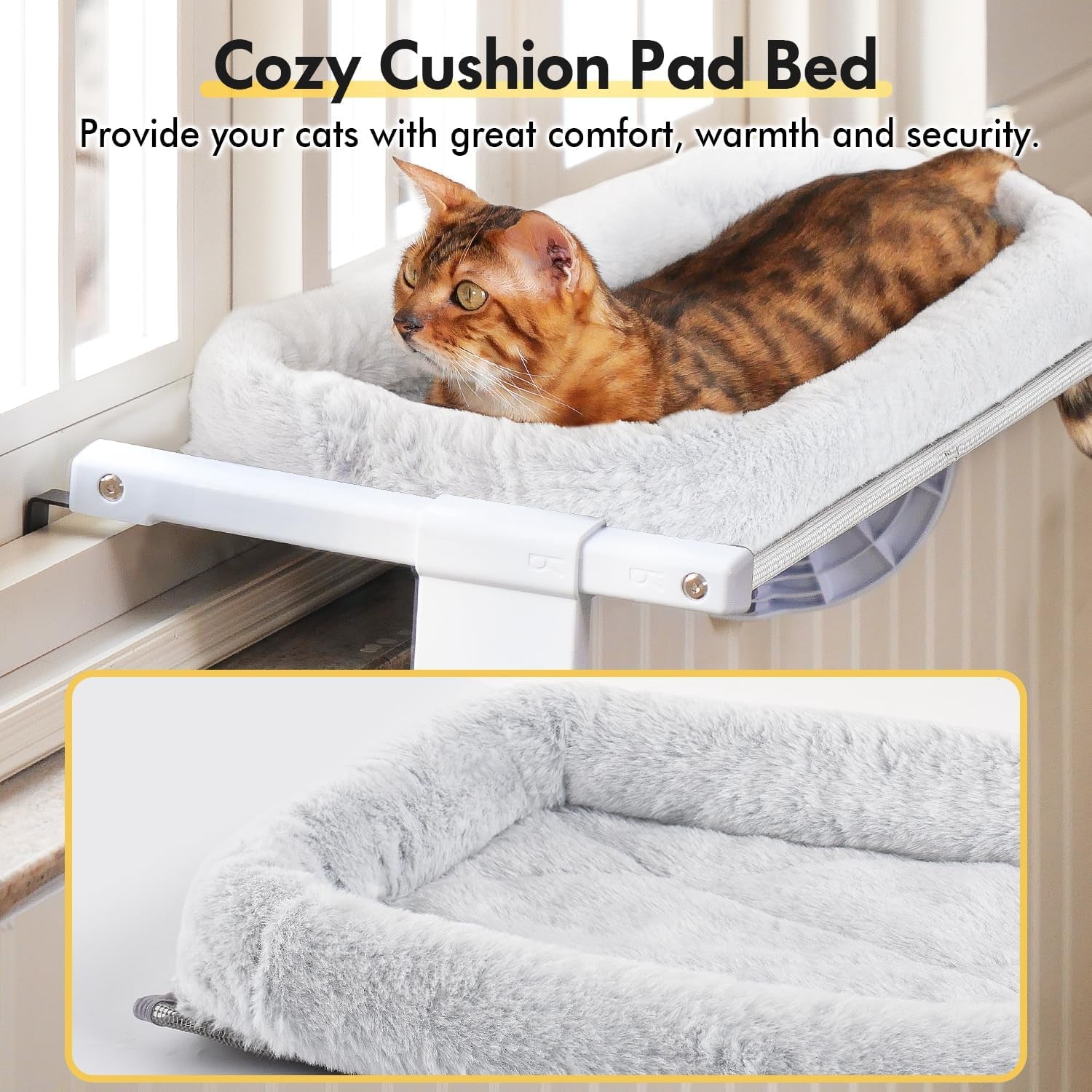 Window Sill Mount Cat Perch for Indoor Cats, One-Step Sliding Clamping Slot Adjustment Cat Hammock with Removable Two Fabrics Cover, No Suction Cups Cat Beds for Windowsill & Bedside(L-Pad Bed)