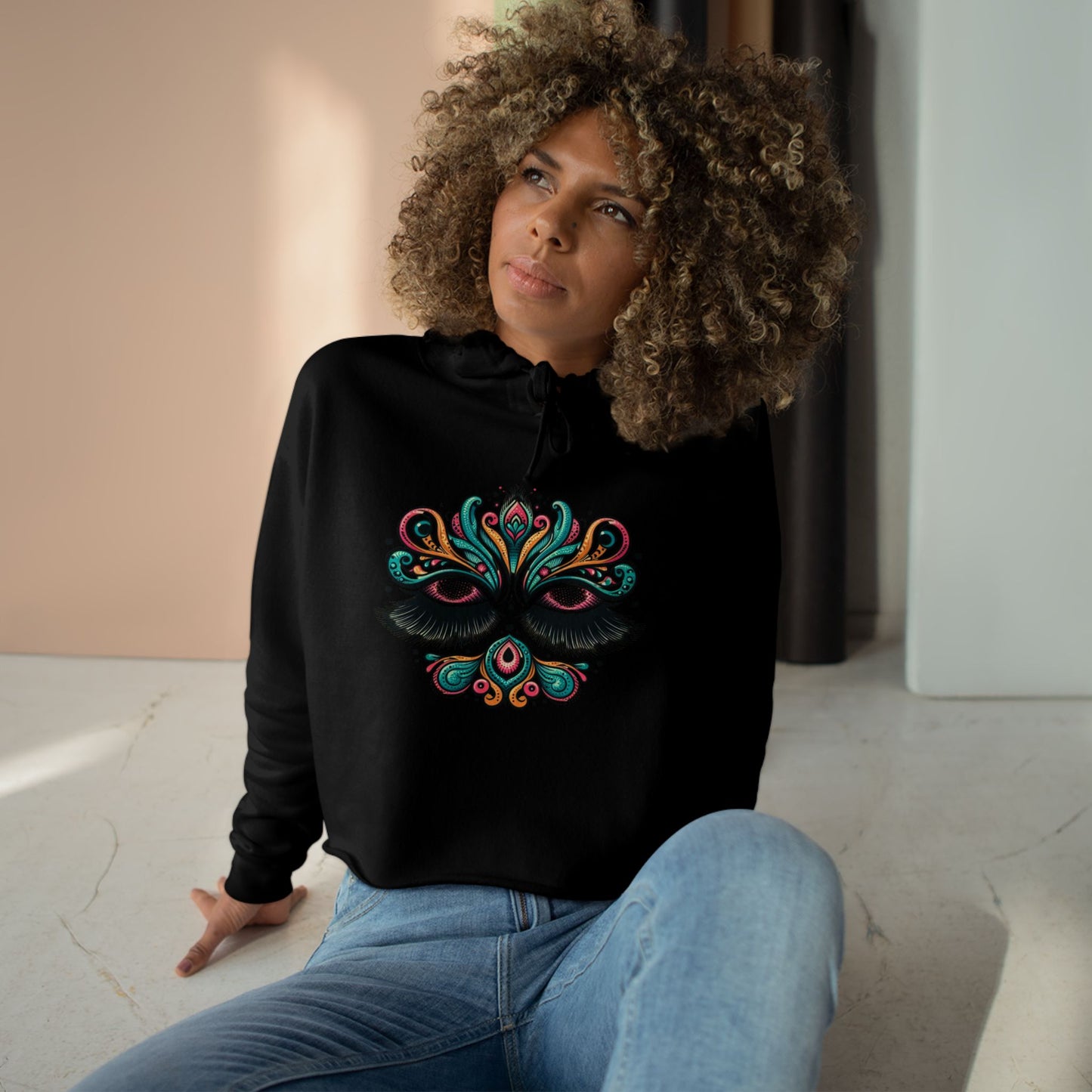 Lashes Boho Chic Crop Hoodie with Vibrant Peacock Design - Perfect for Festivals and Everyday Wear