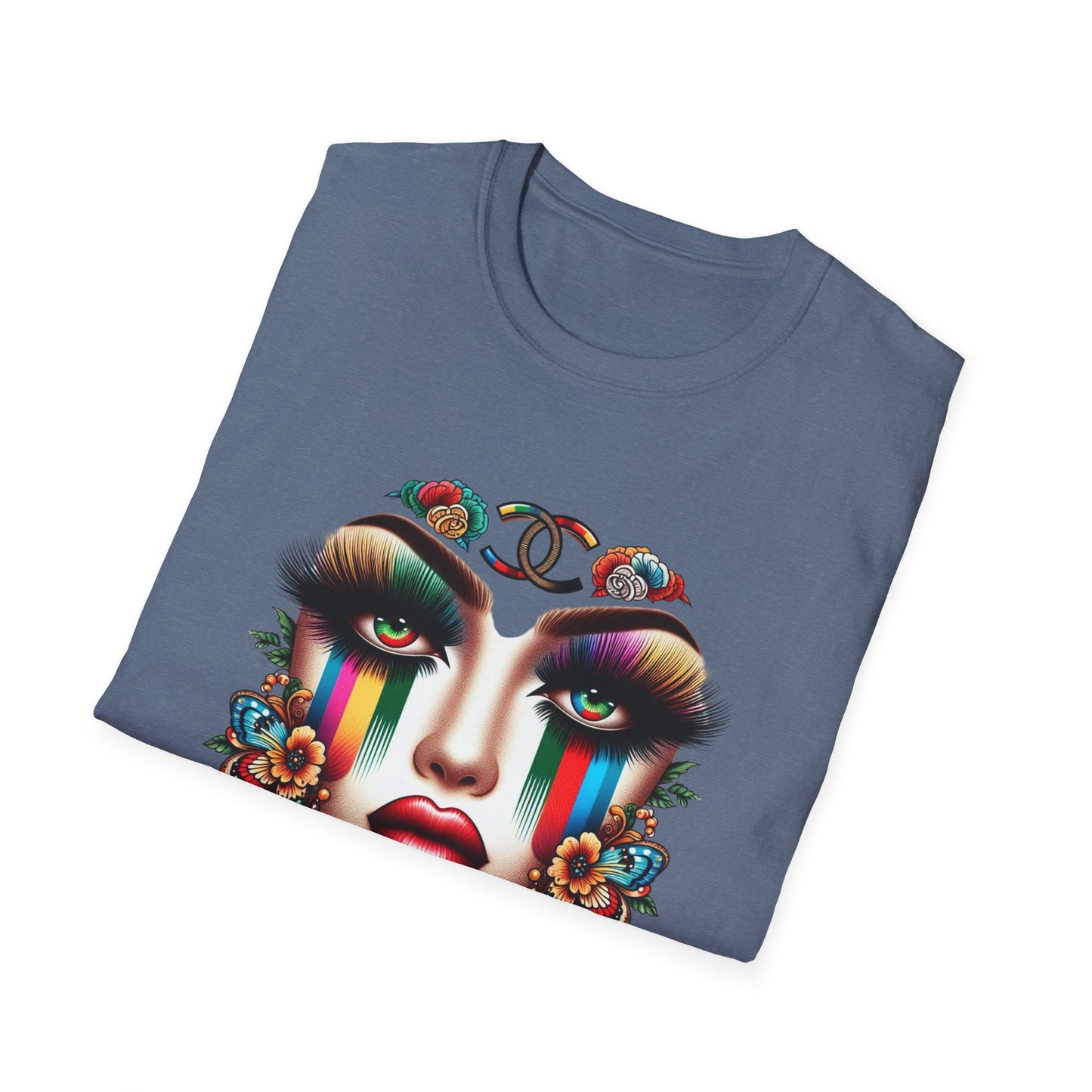 Gucci Inspired Vibrant Art Face Unisex Softstyle T-Shirt - Colorful Floral Design
