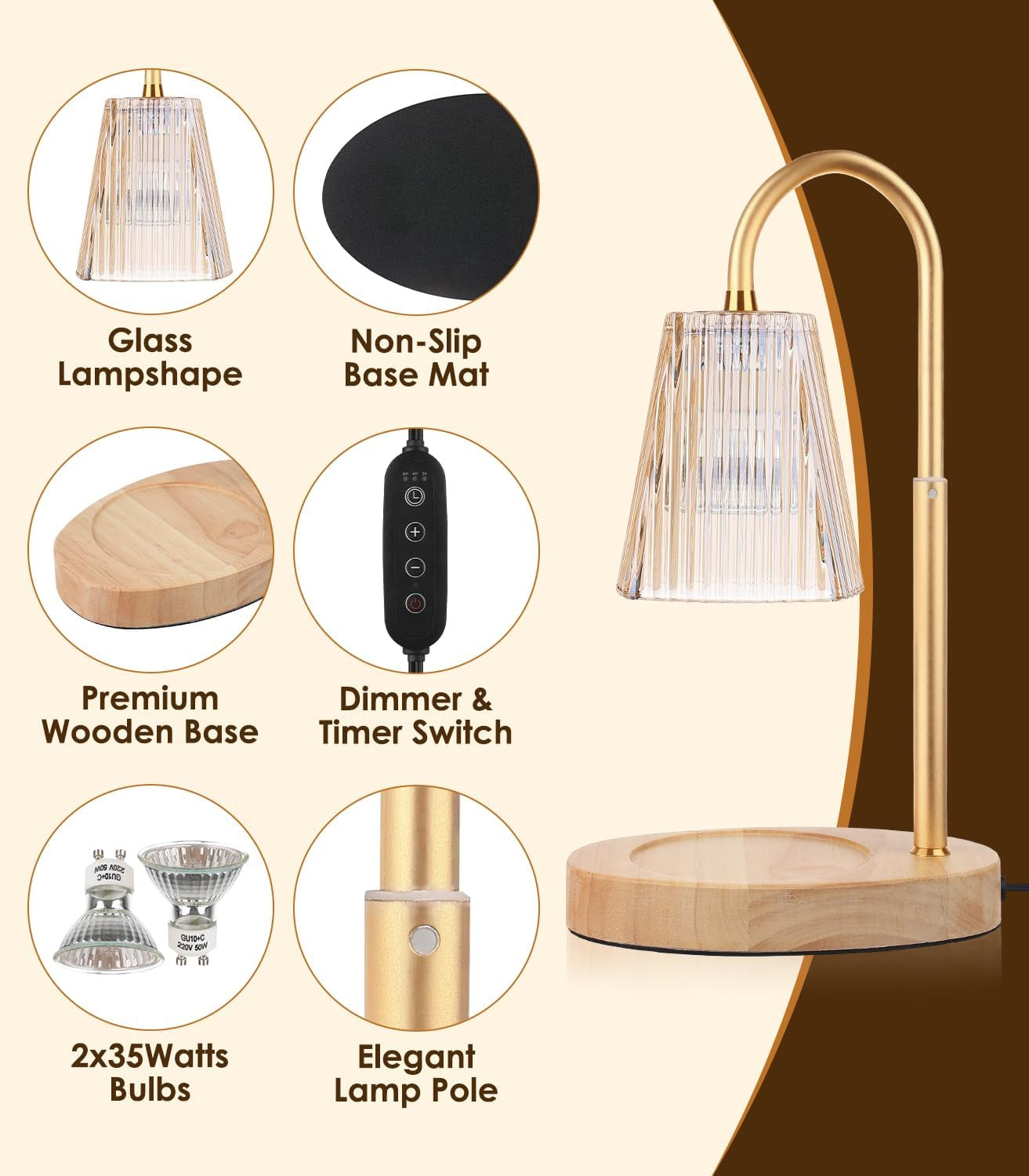 Candle Warmer Lamp - Dimmable Wax Melt Warmer with Amber Lampshade and 2 Bulbs for House Warming, Bedroom Decor