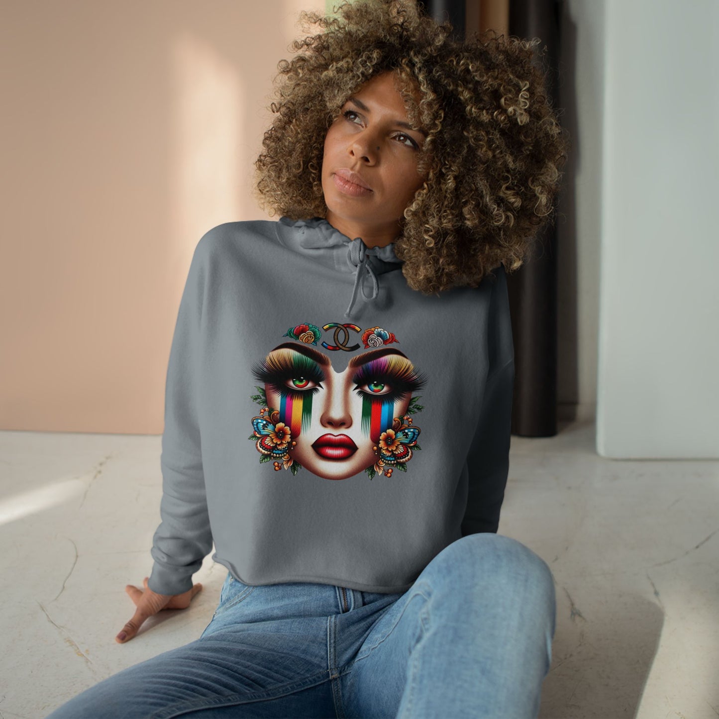 GUCCI Inspired Colorful Floral Face Crop Hoodie - Trendy Streetwear for Self-Expression