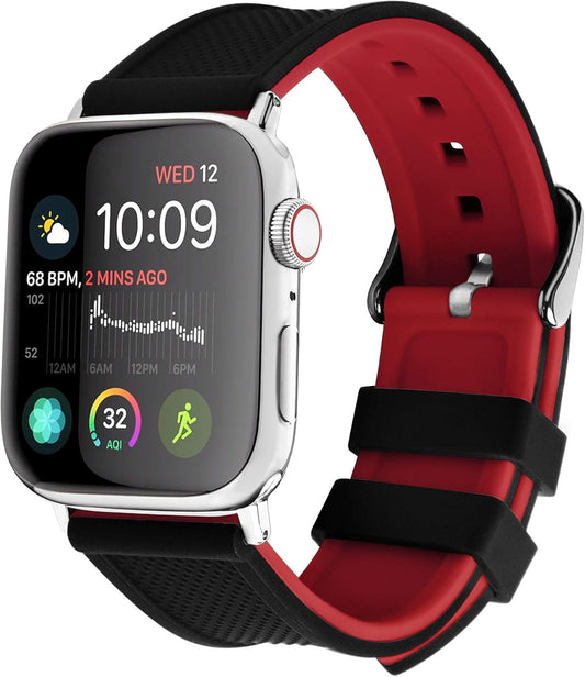Compatible Sport Bands for Apple Watch Series 10 42Mm, 9/8/7 41Mm, SE2/SE/6/5/4 40Mm, 3/2/1 38Mm,Silicone Rubber Iwatch Band for Women Men, Black Top/Red Bottom