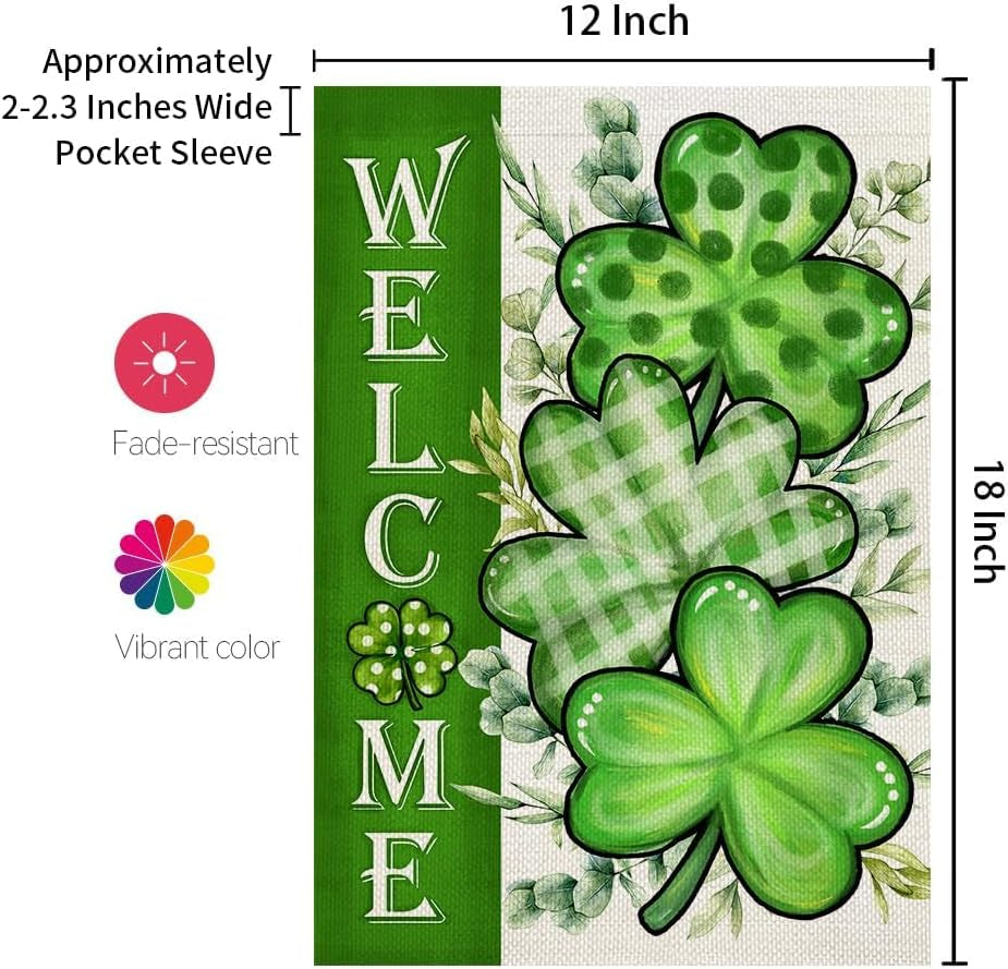 St Patricks Day Shamrocks Garden Flag 12X18 Inch Double Sided for outside Small Welcome Green Clovers Burlap Holiday Yard Flag