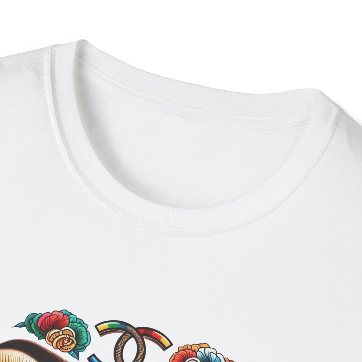 Gucci Inspired Vibrant Art Face Unisex Softstyle T-Shirt - Colorful Floral Design