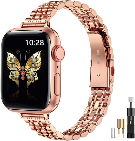 Slim Metal Band Compatible with Apple Watch Band 41Mm 40Mm 38,Mm,Dressy Stainless Steel Chain Strap for Women Iwatch Bands Series 9 8 7 6 5 4 3 2 1 Se,Rose Gold