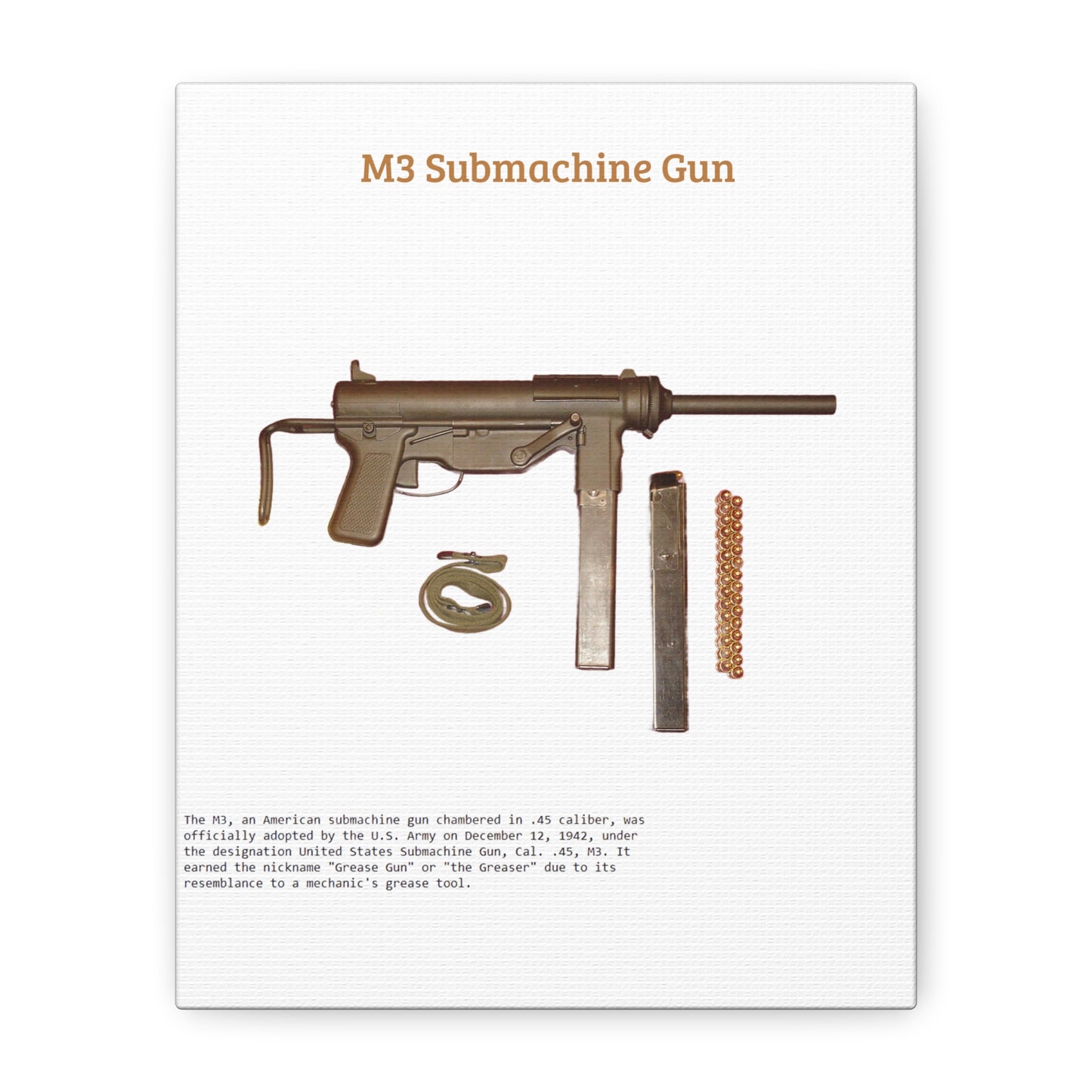 Grease Gun M3 submachine gun Matte Canvas, Stretched, 1.25"