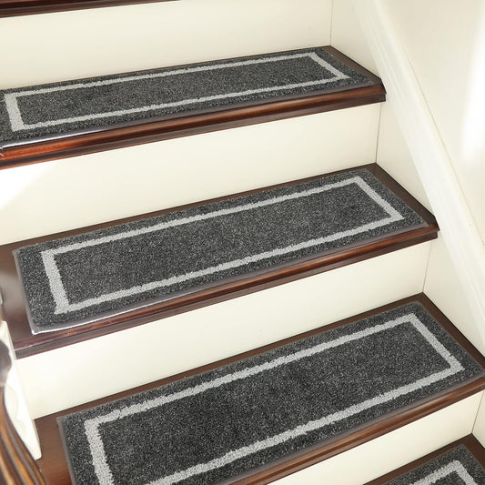 Soft Stair Treads Non-Slip Carpet Mat 28Inx9In Indoor Stair Runners for Wooden Steps,Stair Rugs for Kids and Dogs, 100% Polyester TPE Backing 10Pcs,Black,Square