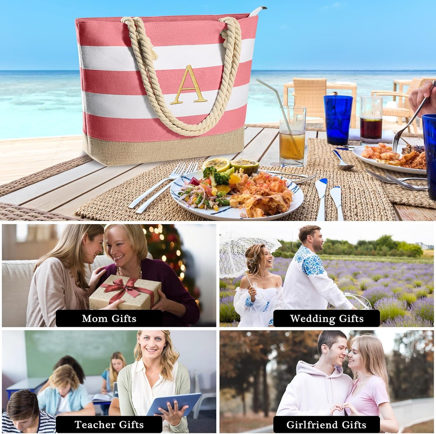 Initial Canvas Waterproof Beach Tote Bag Zipper Personalized Gifts for Women Her Birthday Travel Beach Essential