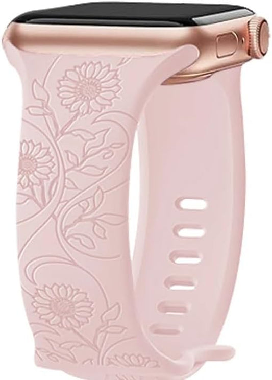AXTECHS Engraved Sunflower Watch Bands Are Compatible with Apple Watch Bands Sizes 38Mm 40Mm 41Mm 42Mm 44Mm 45Mm 49Mm Iwatch Series 9 8 7 6 5 4 3 2 1 SE Ultra Ultra 2, and Are Made from Premium Soft Silicone for Men and Women.