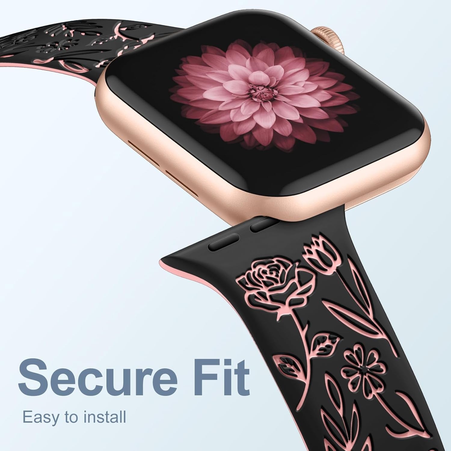 Floral Engraved Bands for Apple Watch Women 38Mm 40Mm 41Mm 42Mm 44Mm 45Mm, Soft Silicone Cute Dressy Wrist Strap for Iwatch SE Series 9 8 7 6 5 4 3 2 1 Ultra, Iphone Watch Band Accessories