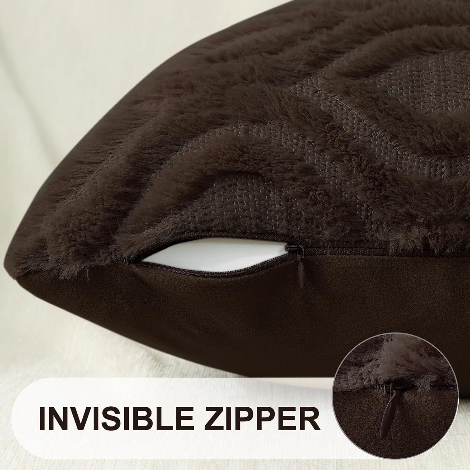 Decorative Throw Pillow Covers 18X18, Soft Plush Faux Wool Couch Pillow Covers for Home, Set of 2, Brown