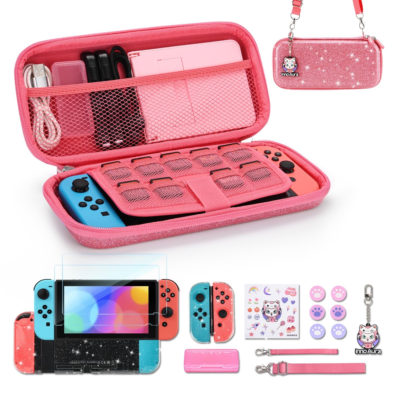 Switch Case for NS Switch, Innoaura 17 in 1 Switch Accessories Bundles with Switch Carrying Case, Switch Game Case, Switch Protective Case, Switch Screen Protector, Switch Thumb Caps (Mermaid Pink)