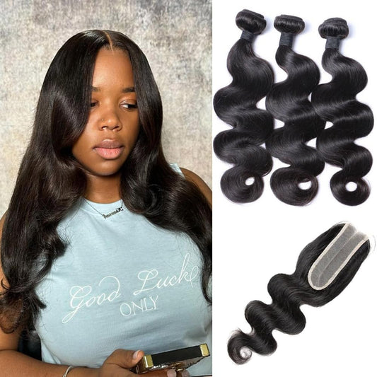 Body Wave Human Hair Bundles with Closure (16 18 20 +14) Brazilian 2X6 HD Lace Closure with Bundles 10A Grade Unprocessed Virgin Hair Bundles with Closure Natural Black Color