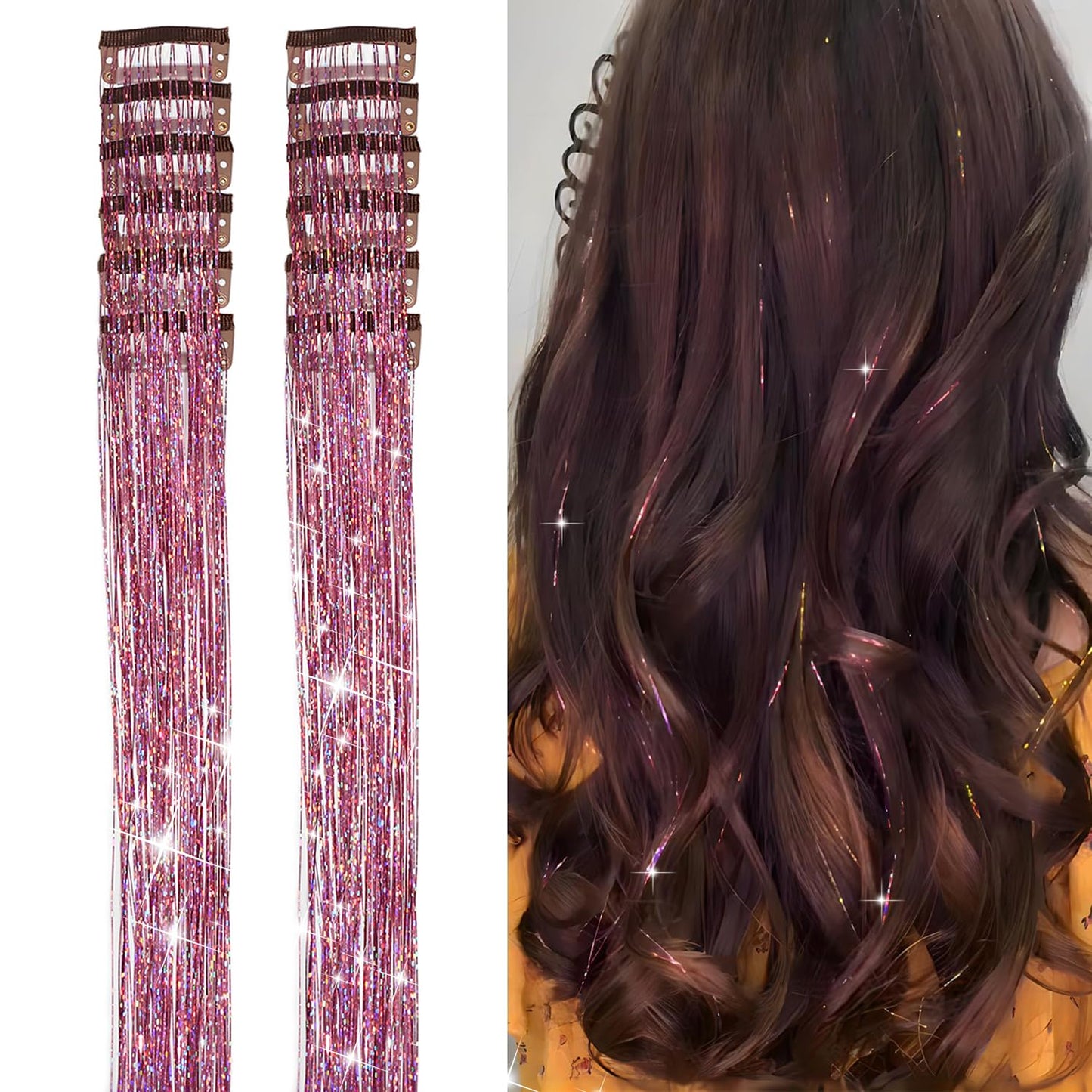 12Pcs Hair Tinsel Clip in 19.6Inch Glitter Tinsel Hair Extensions Clip in Hair Tinsel Kit Heat Resistant Shiny Sparkle Fairy Hair Accessories for Women Girls Kids (Pink)