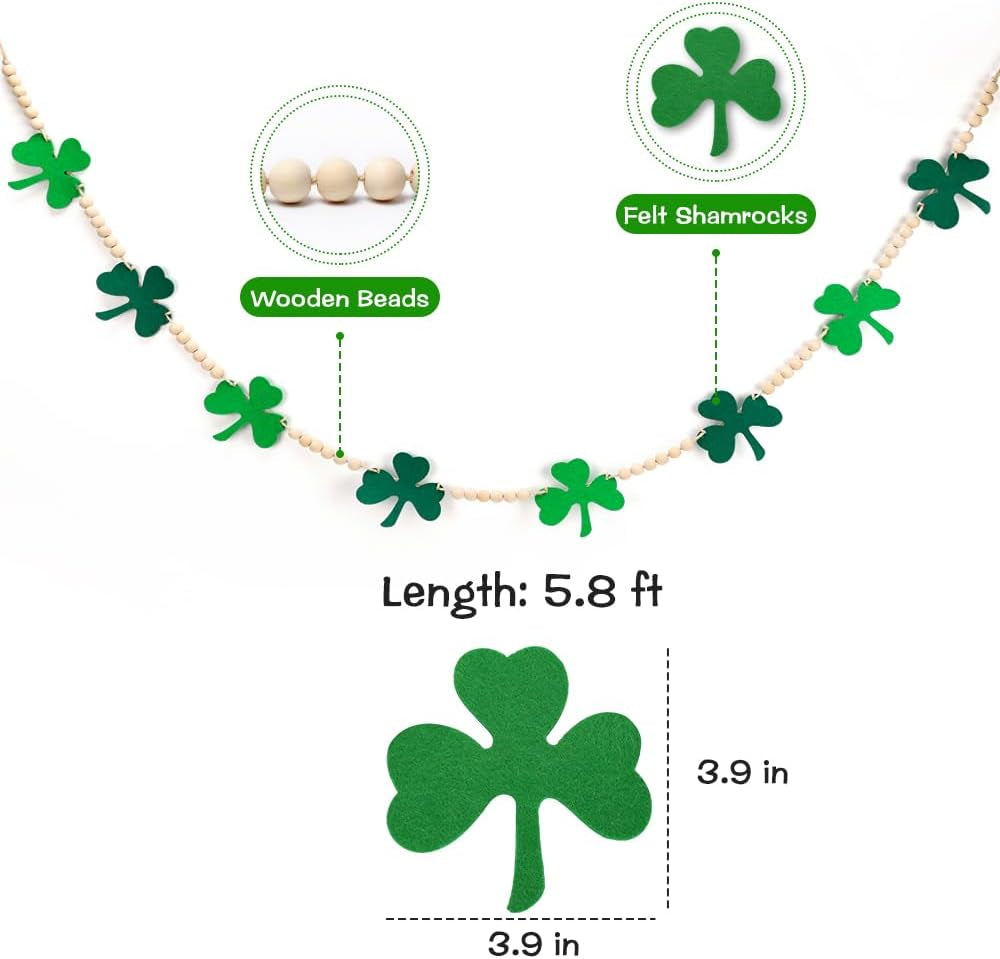 St Patricks Day Garland, Felt Shamrock Banner with Wooden Beads for St Patricks Day Decor, St Patricks Day Decorations for the Home, Saint Patricks Day Decorations