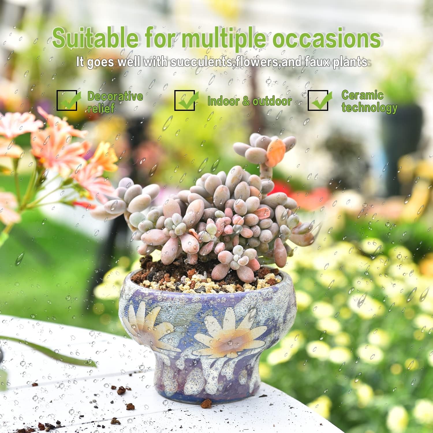 Small Succulent Planters Set of 3, Beautiful Hand Crafted Ceramic Plant Pots Cute Cactus Pot, 4.9 Inch Flower Pots for Indoor Plants with Drainage, Desktop Windowsill Home Office Decor Pots