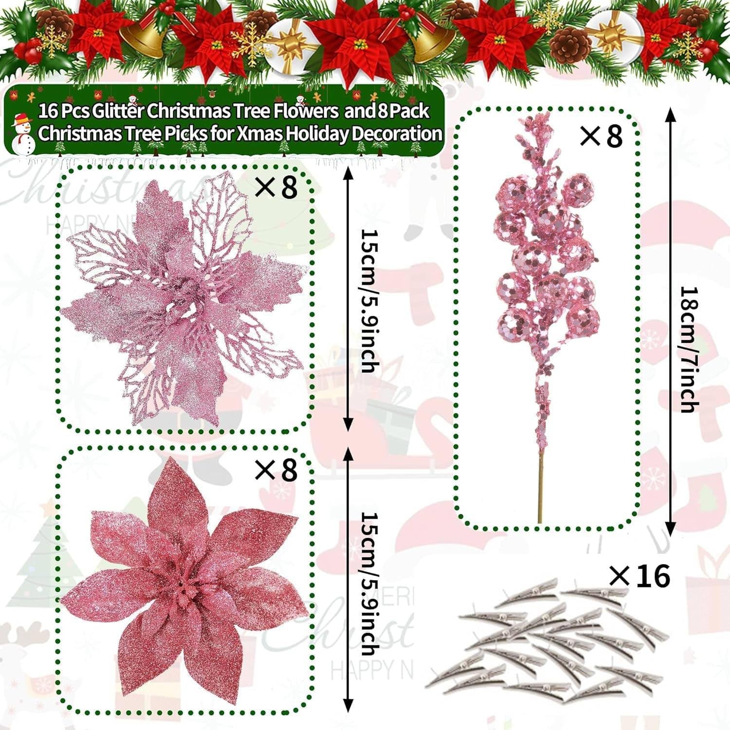 24Pcs Pink Glitter Poinsettia Christmas Tree Ornaments and Glitter Berries Stems, 16Pcs Christmas Artificial Flowers and 8 Pack Christmas Tree Picks for Wedding Holiday Decorations