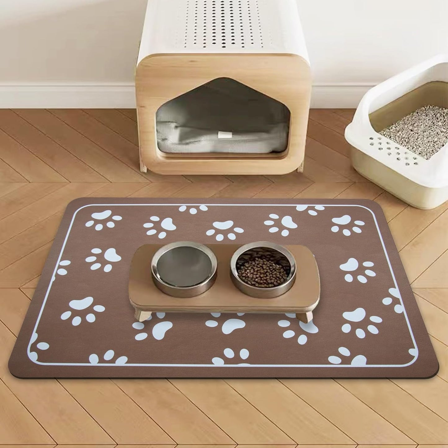 Dog Bowl Mat and Dog Feeding Mat, Dog Mat for Water Bowl, Absorbent Non-Slip Pet Water Bowl Mat Quick Drying Dog Food Mat Cat Matt for Food and Water(Brown+24.2X16.9In+Rectangular)
