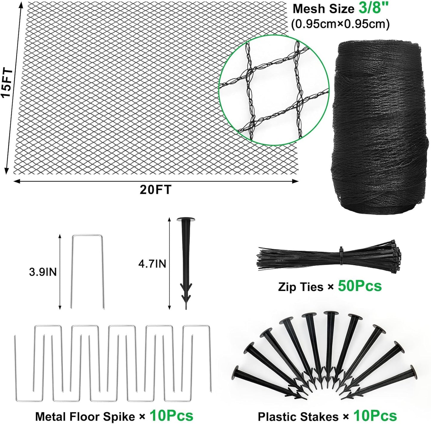 Pond Netting Kit, 15 X 20 Feet Pond Covers for Outdoor Fish Ponds,Pond Net Floating Guard Protect Fish Koi from Birds Cats, Herons,30G/㎡ Mesh Leaves Catcher(20Pcs Stakes Included)