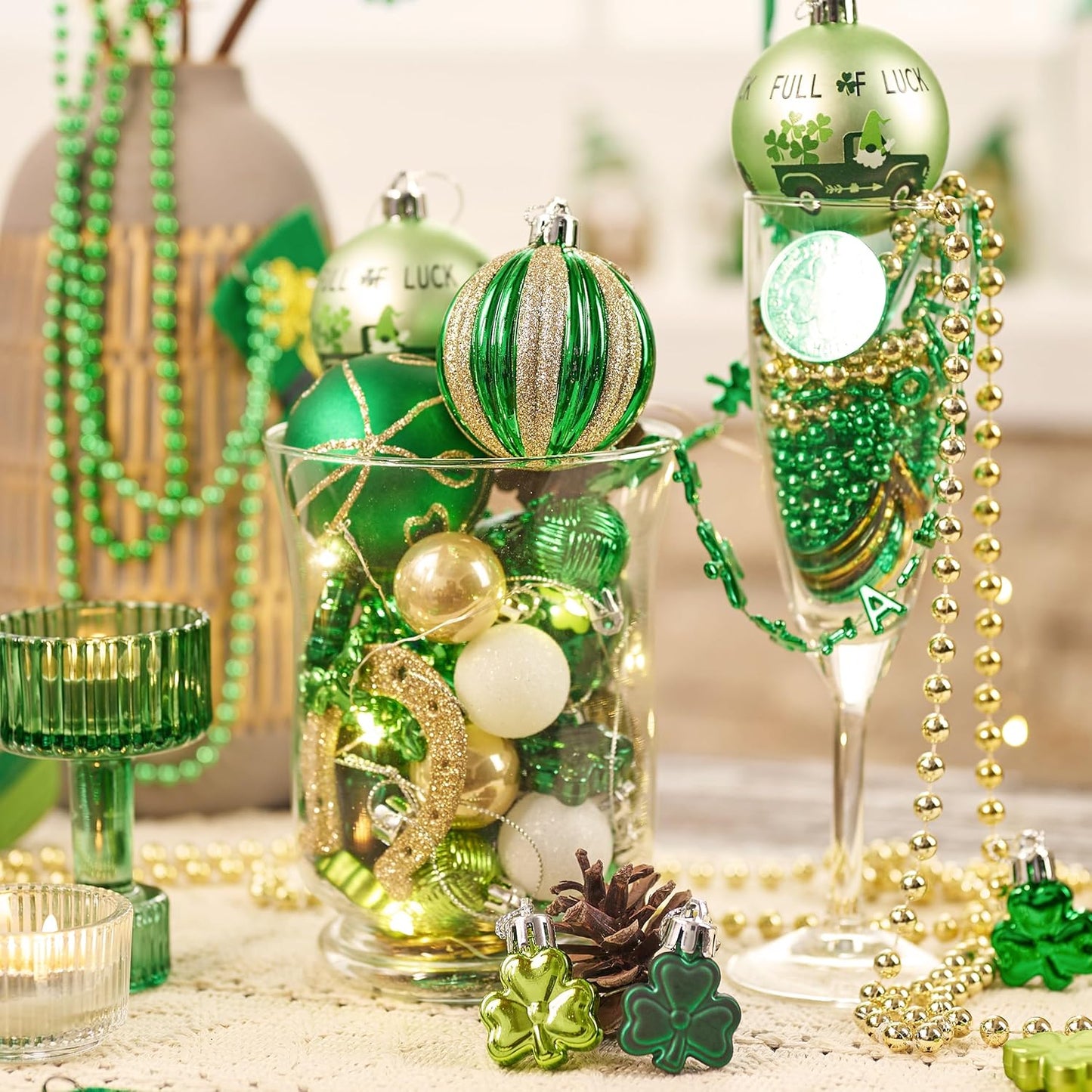 St Patricks Day Decorations Shamrock Tree Ornament,30Pcs Hanging Ball Ornament Gnome Decor for Irish Festival, Good Luck Clover Emerald Green Gold Christmas Ball for Party Home Spring