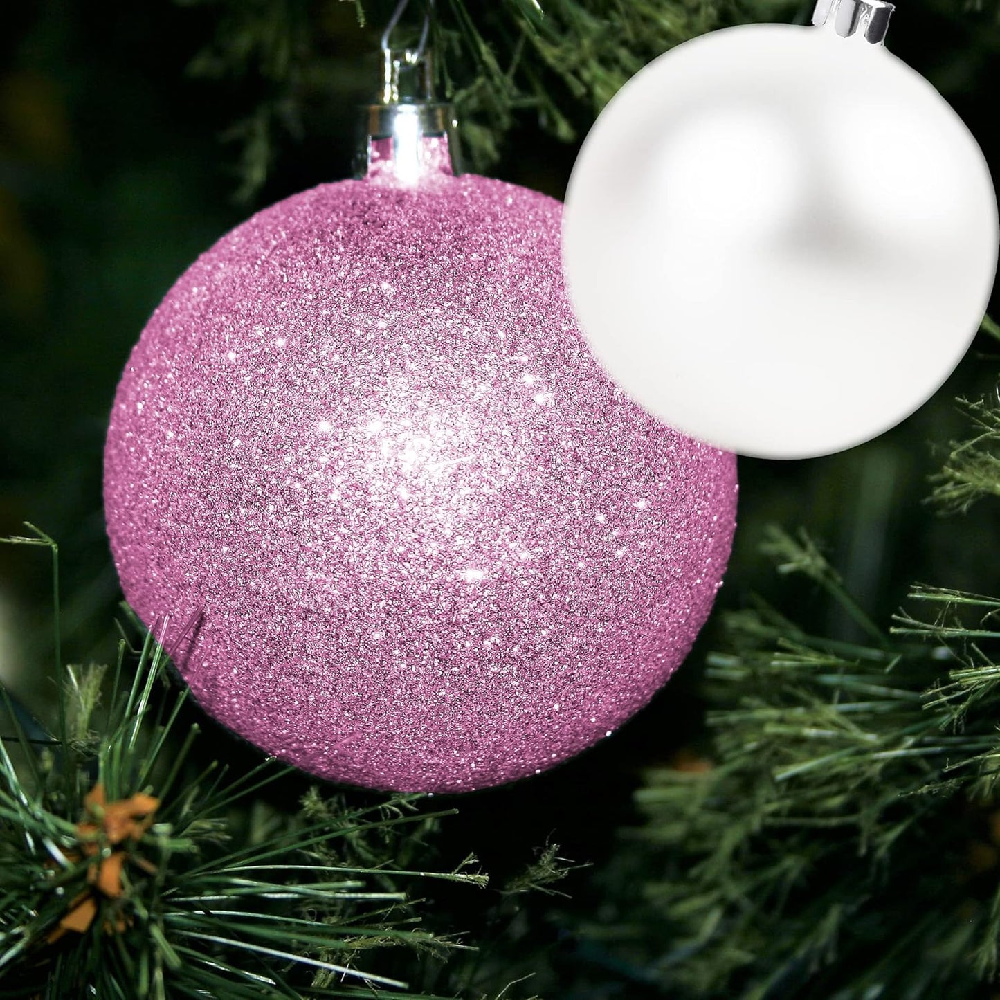 100 Pink and White Christmas Ornament Balls Shatterproof + 100 Metal Ornament Hooks, Hanging Ornaments for Indoor/Outdoor Xmas Christmas Tree, Holiday Party, Home Décor Sizes, 1.2" 1.6" & 2.4"