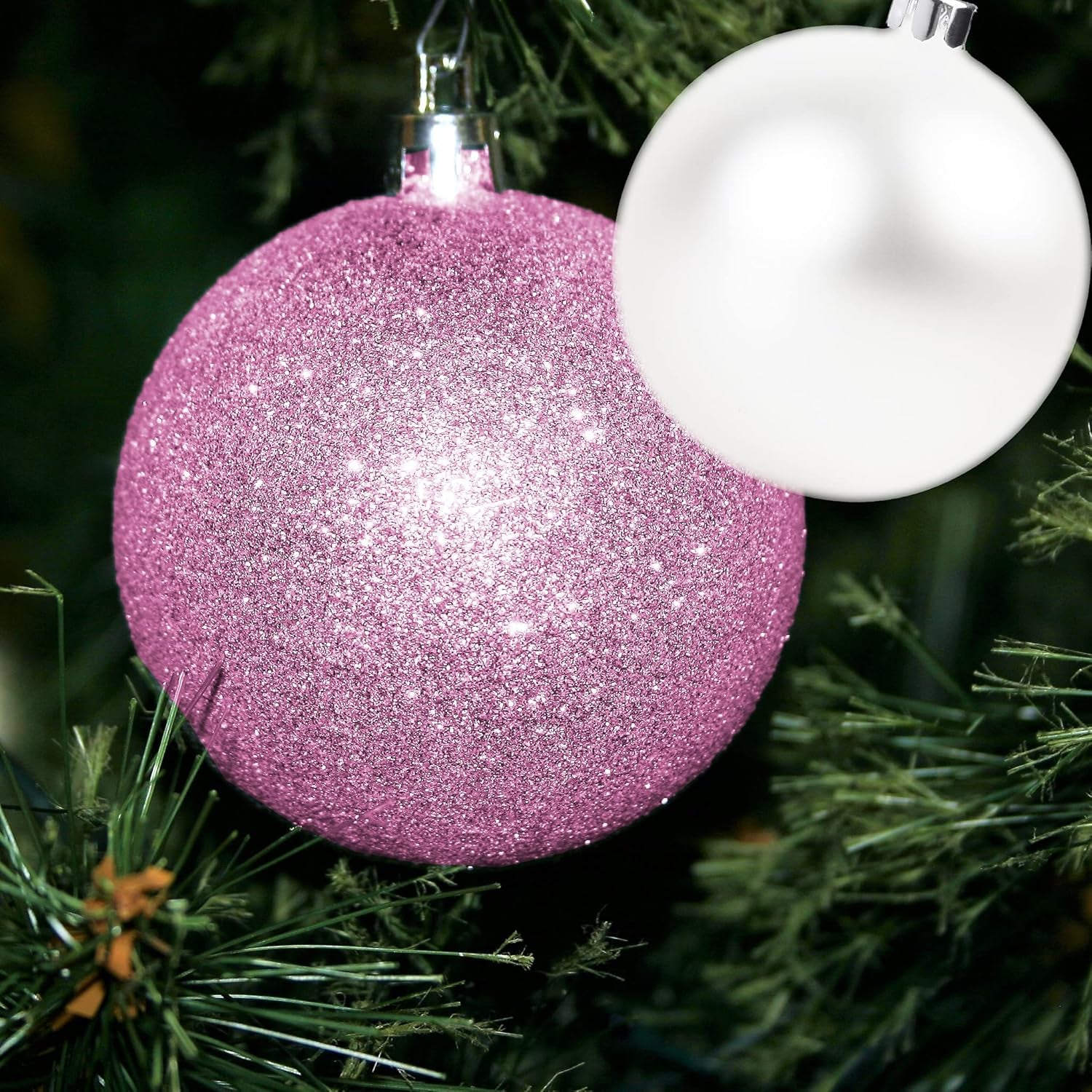 100 Pink and White Christmas Ornament Balls Shatterproof + 100 Metal Ornament Hooks, Hanging Ornaments for Indoor/Outdoor Xmas Christmas Tree, Holiday Party, Home Décor Sizes, 1.2" 1.6" & 2.4"