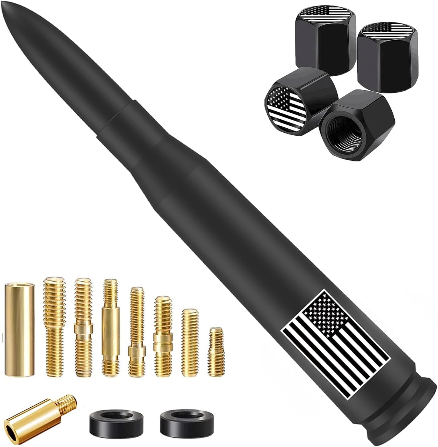 American Flag Car Truck Antenna with Valve Stem Caps, Universal Mast for GM Chevy Silverado 1500 2500 3500 HD Avalanche Ford F150 F250 F350 Denali Heavy Duty Pickup Trucks Accessories (Black)