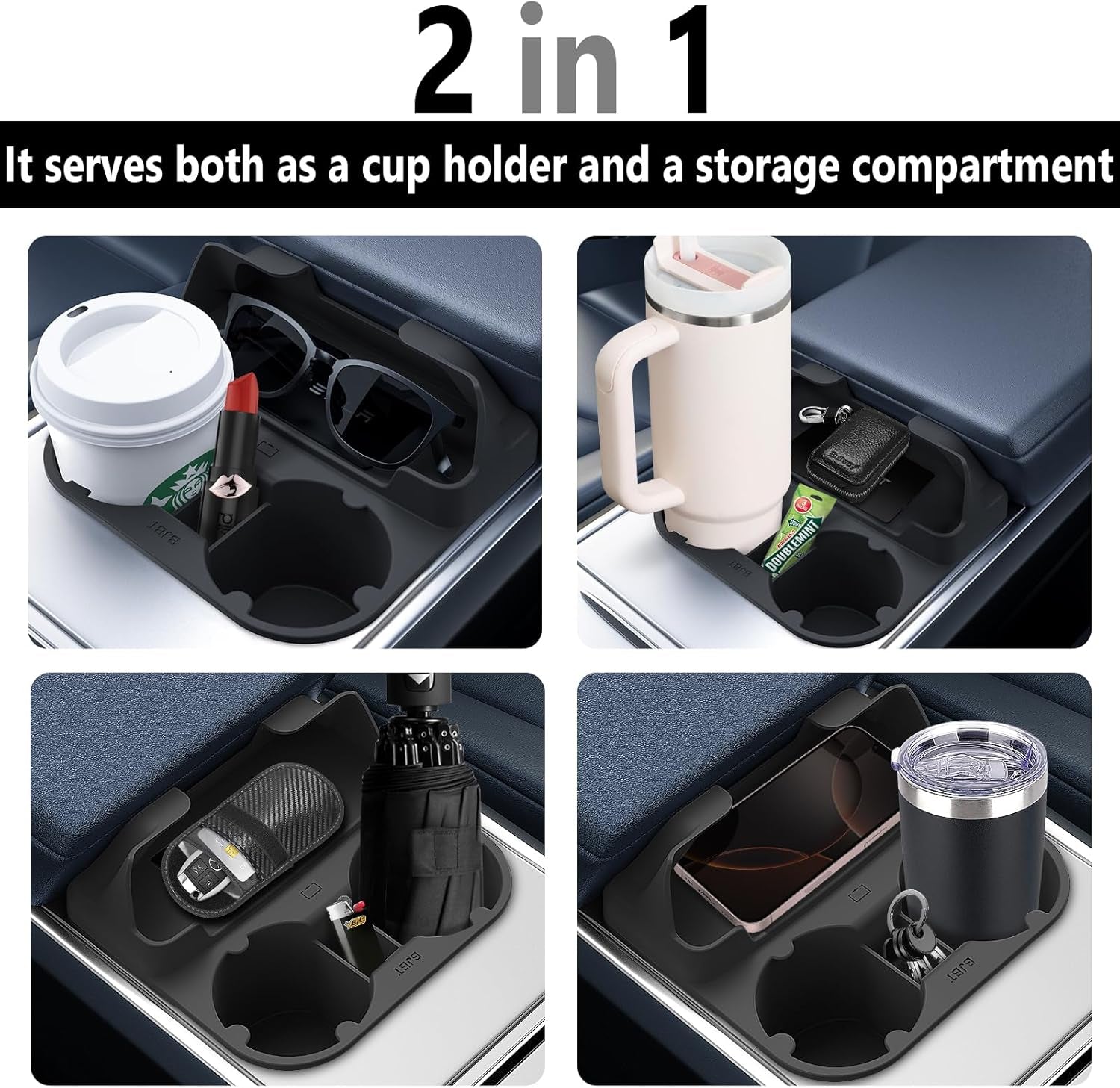 For Tesla Model Y Model 3 Cup Holder Insert,2 in 1 Cup Holder for Model 3 Model Y 2021-2023,Model Y Model 3 Cup Holder with Storage Compartment_Black