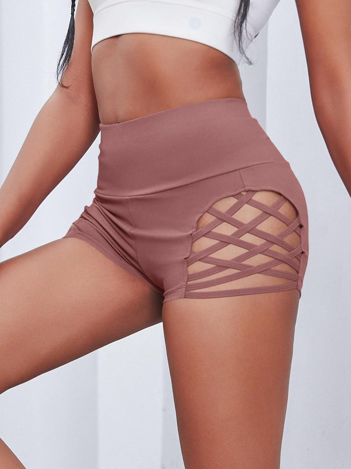 Women'S Workout Yoga Shorts High Waist Tummy Control Criss Cross Athletic Sports Booty Short Leggings