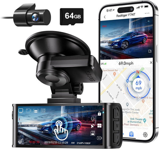 4K Dash Cam Front and Rear, Touch Screen 3.18 Inch, 64GB Card Included, Car Dash Camera Built-In Wifi GPS, UHD 2160P Night Vision, WDR, Parking Monitor (F7N Touch)