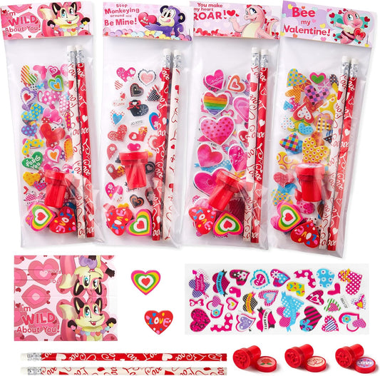 28 Pack Valentines Day Stationery Kids Gift Set for School Classmates Exchange, Party Favor, Includes Pencils, Erasers, Stamper, Stickers