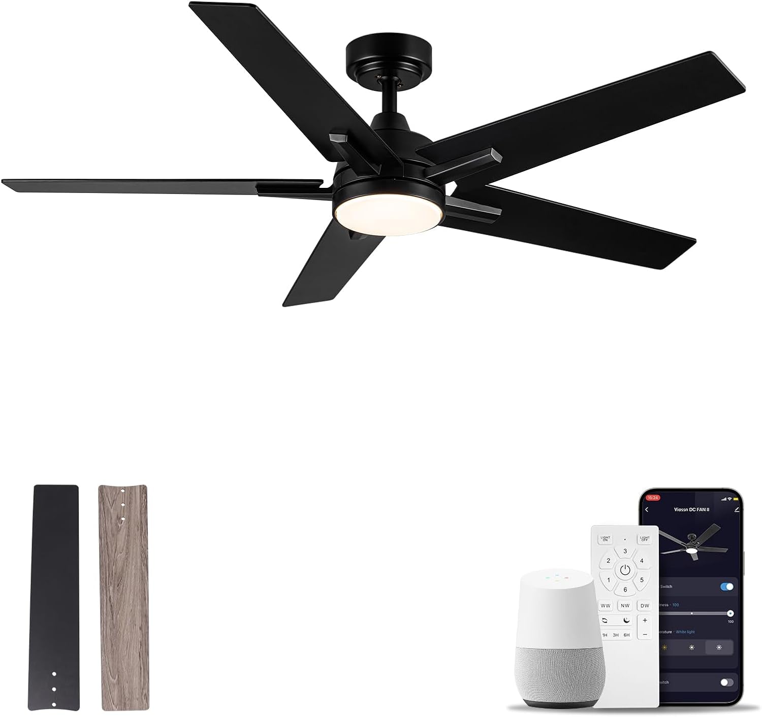 52 Inch Ceiling Fan, Smart Ceiling Fan with Remote/App, Black Ceiling Fan with 6-Speeds Reversible Motor, Alexa Ceiling Fan with 5 Two-Sided Blades Dimmable Noiseless for Indoor Bedroom/Outdoor