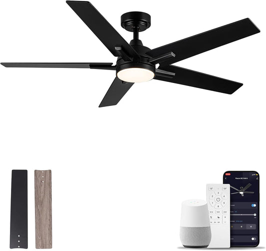 52 Inch Ceiling Fan, Smart Ceiling Fan with Remote/App, Black Ceiling Fan with 6-Speeds Reversible Motor, Alexa Ceiling Fan with 5 Two-Sided Blades Dimmable Noiseless for Indoor Bedroom/Outdoor
