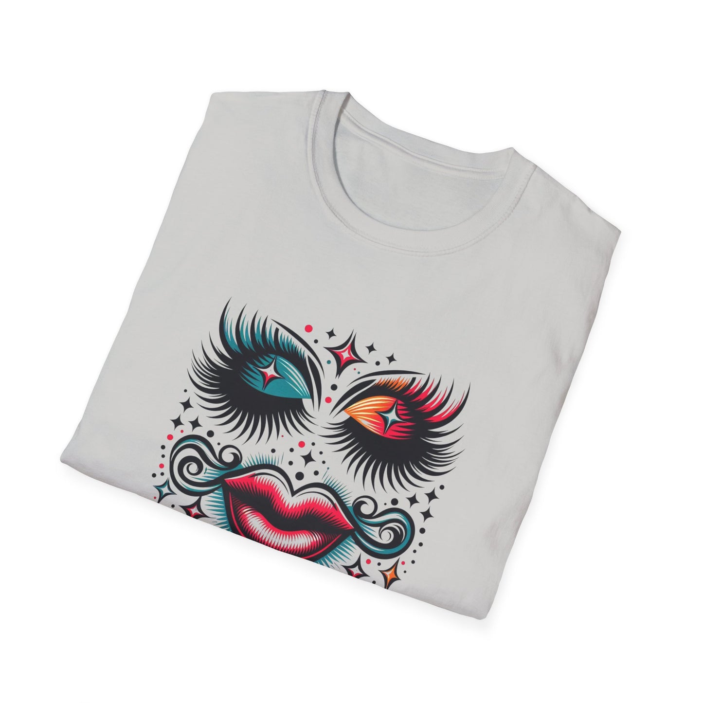 LASHES Vibrant Face Graphic T-Shirt - Unisex Softstyle Tee for Festivals & Celebrations