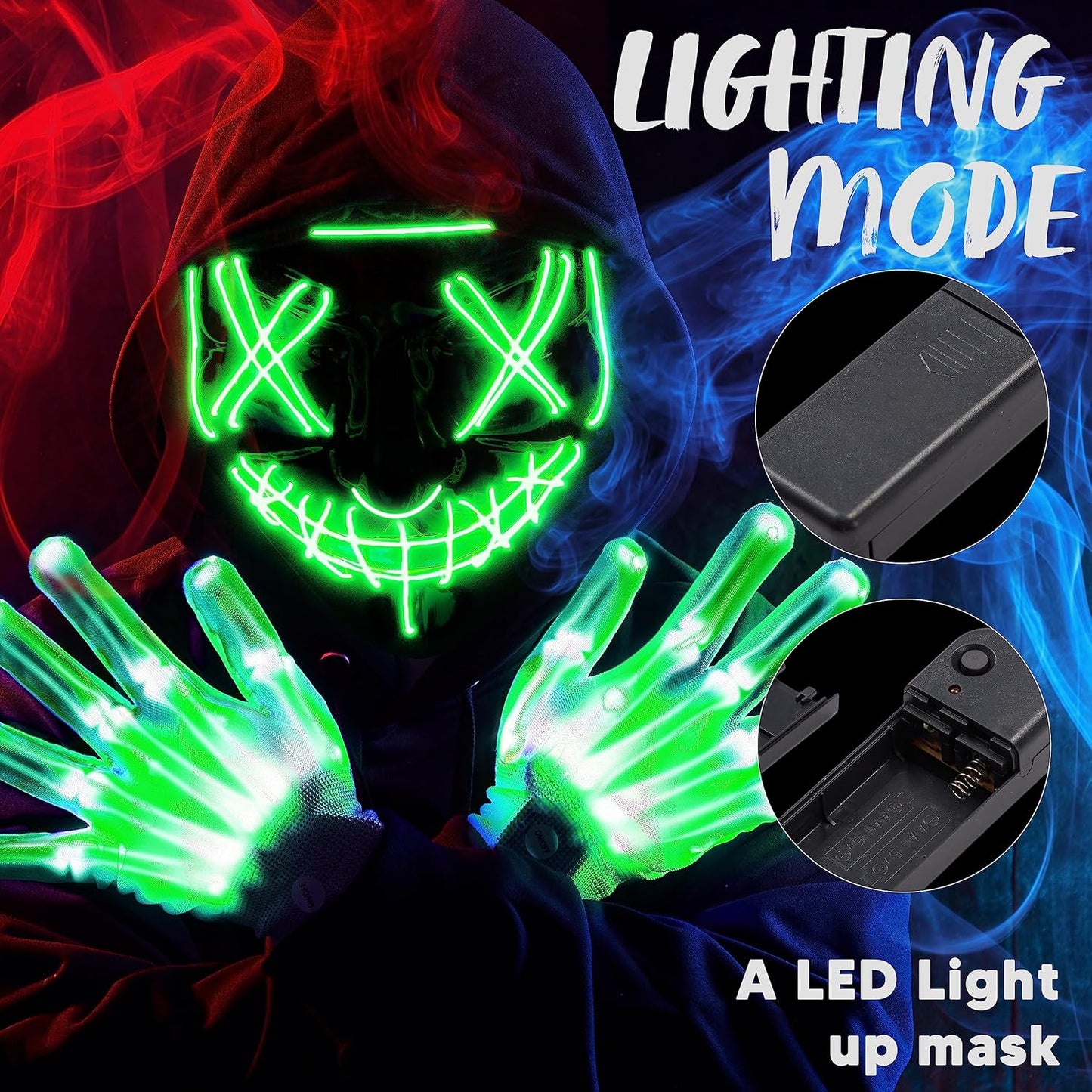 Halloween Led Mask Light up Scary Mask and Gloves Cosplay Costume (Green), Glow in the Dark Mask