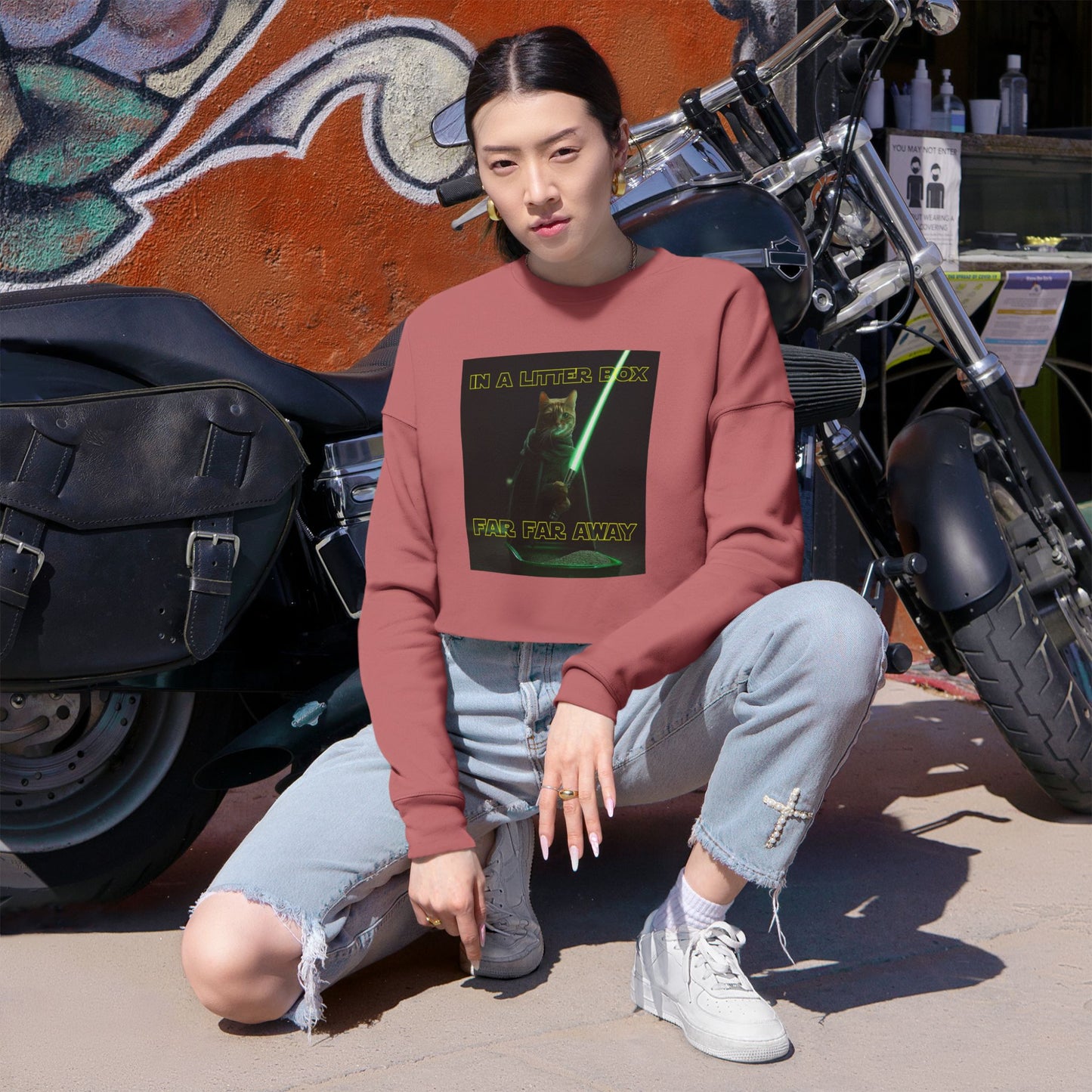 STAR WARS CAT IN A LITTER BOX FAR FAR AWAY Women's Cropped Sweatshirt