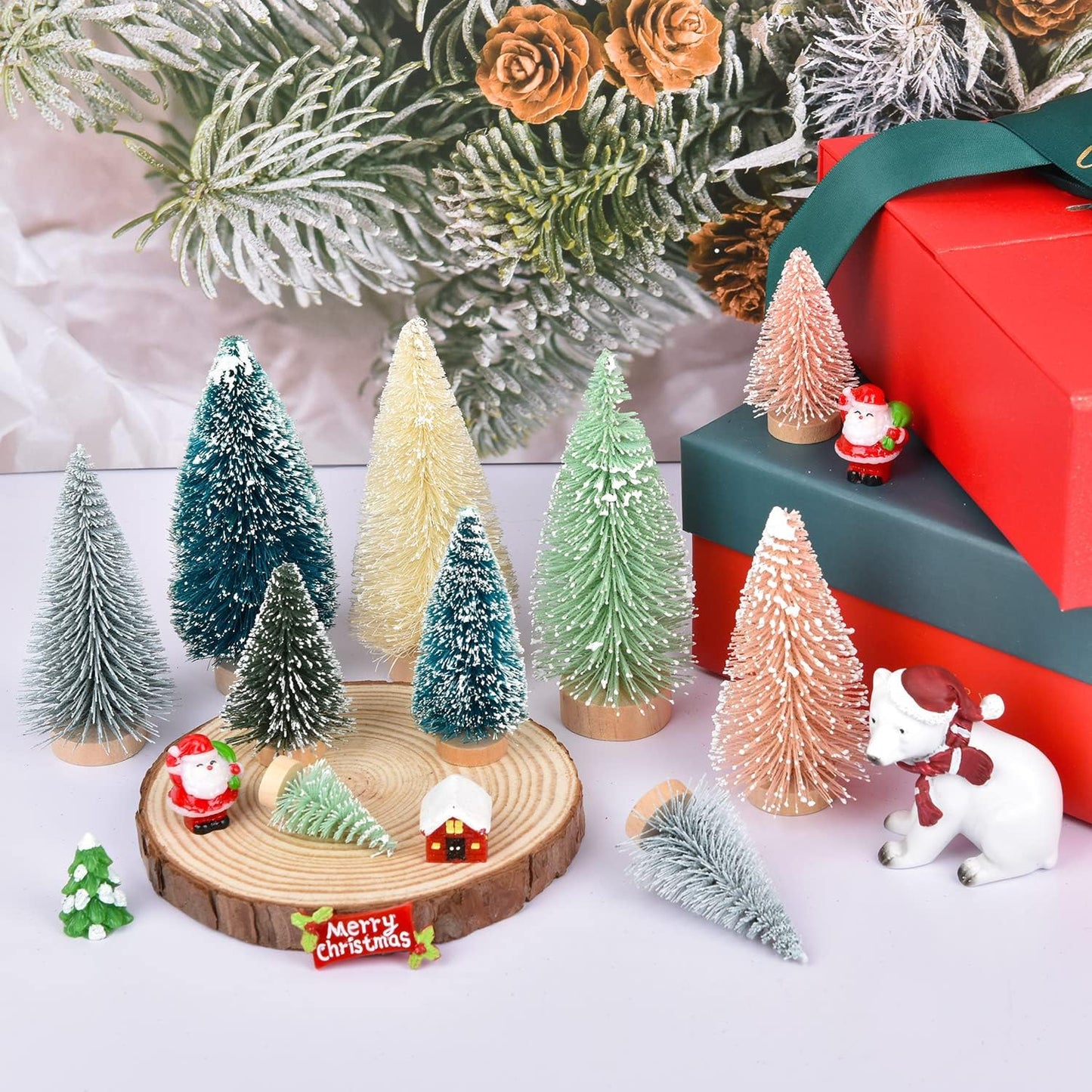 30PCS Artificial Mini Christmas Trees, Mini Pine Tree Sisal Trees with Wood Base Bottle Brush Trees for Christmas Table Top Decor Winter Crafts Ornaments (Pink, 30)