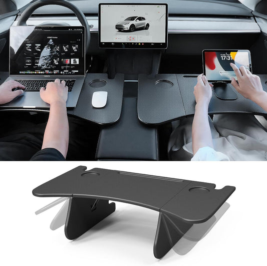 Car Laptop Desk for Tesla Model Y Model 3: Carbon Fiber Texture Tray, Foldable Food Table for Dining, In-Car Work, and Outdoor Travel, 2024 Multi-Functional Tesla Accessories (1 Pack)
