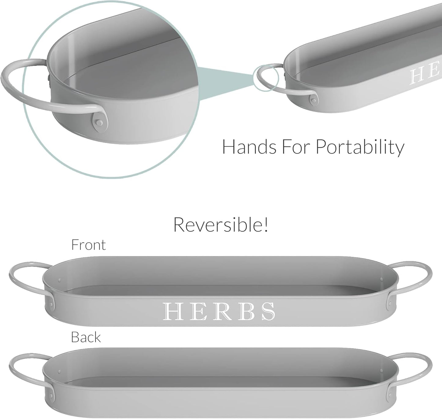 Indoor Herb Garden Planter Set with Tray, Metal Windowsill Plant Pots with Drainage for Outdoor or Indoor Plants, Set/3 (Cool Grey)