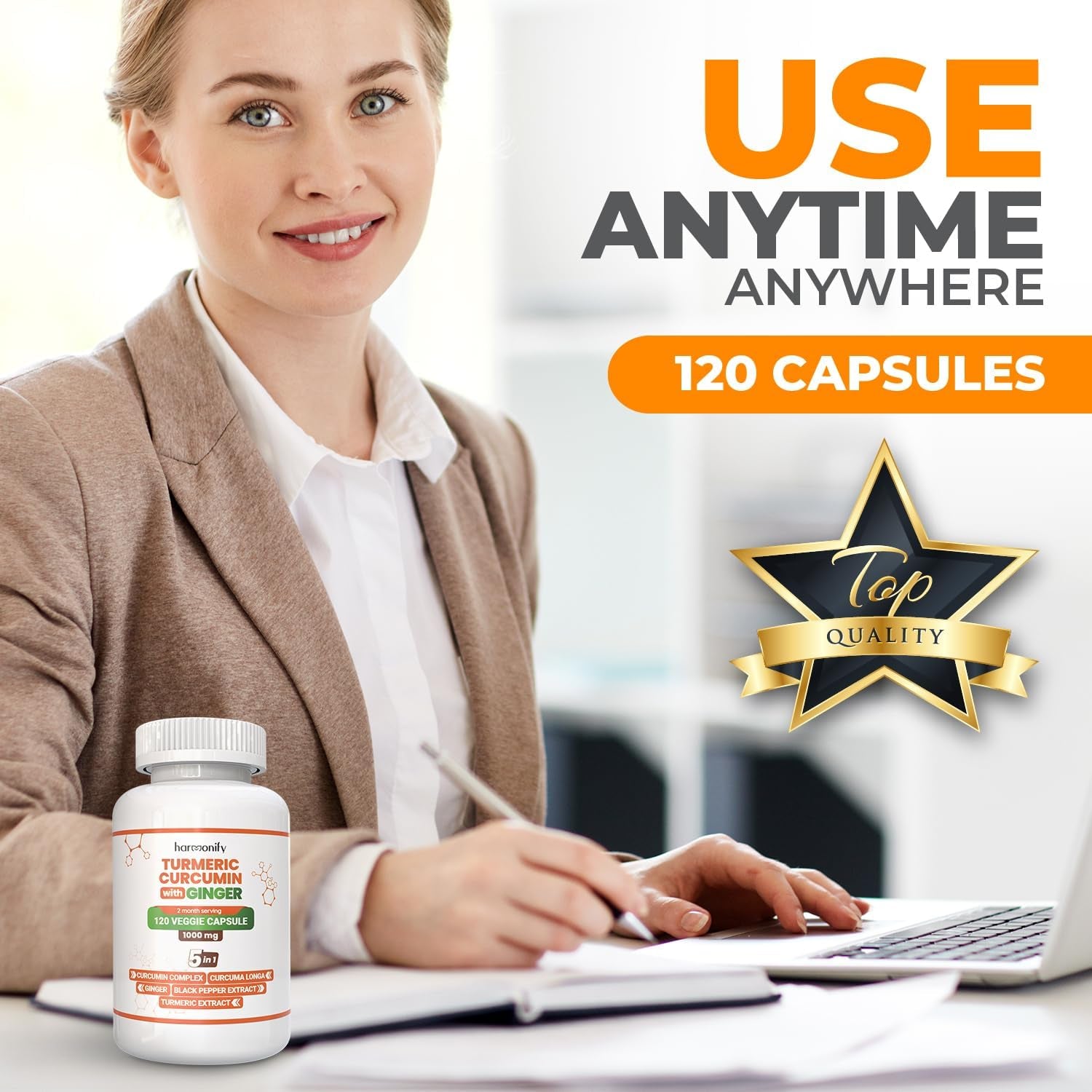 Turmeric Curcumin Supplement with Ginger, Ceylon Cinnamon and Black Pepper Complex 5 in 1 Formula, Curcuma Longa, Max Absorption, 1000 Mg, 120 Herbal Extract Capsules TLBH
