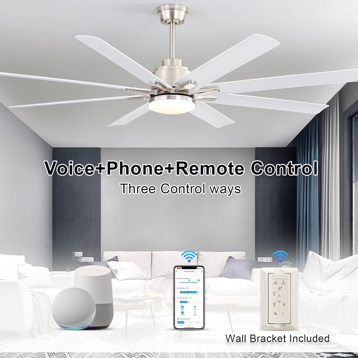 66 Inch Ceiling Fans with Lights and Remote, Indoor Outdoor Mordern Smart Ceiling Fan with Reversible Quiet DC Motor, 6 Speed, 8 Blades for Living Room Bedroom Patios Balcony (White+Sliver)