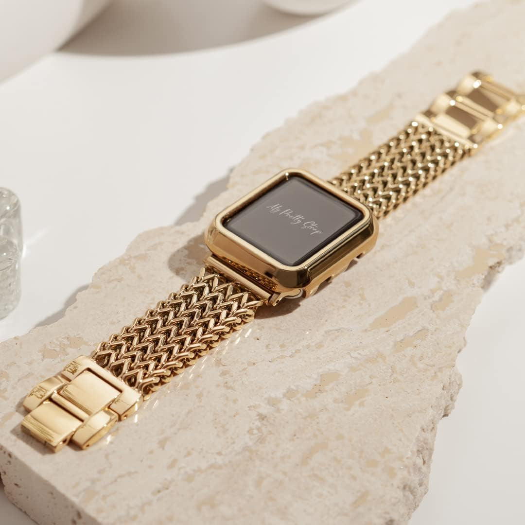 Gold Apple Watch Band & Glossy XOXO Protective Case Bundle – Elegant Stainless Steel Strap & Luxury Metal Cover for Apple Watch Series 1-10, SE & Ultra (38MM/40MM/41MM) Mermaid