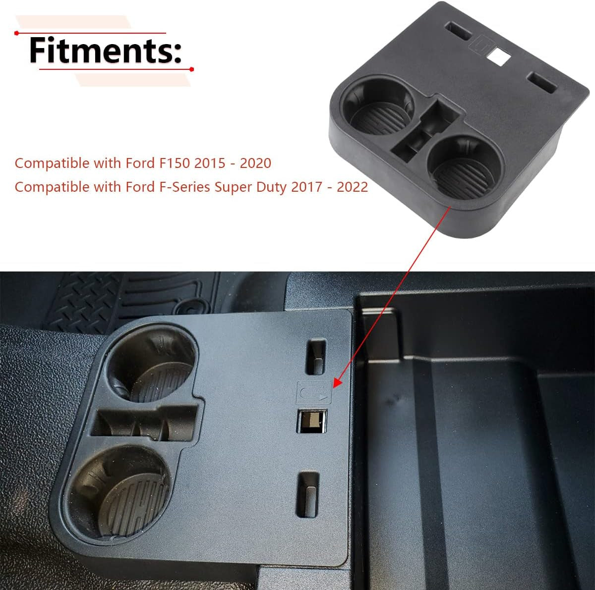 Front Console Cup Holder Compatible with Ford F150 2015-2020 and Ford F-Series Super Duty 2017-2022 Year, Center Cup Holder under Front Seat Bottom, HC3Z-2813562-AB