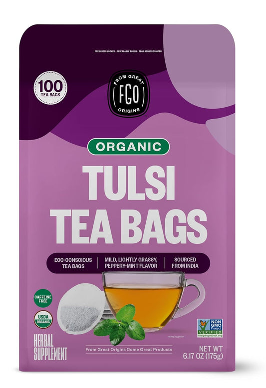 Organic Tulsi Holy Basil Tea, 100 Count, Eco-Conscious Herbal Tea Bags, Resealable Bag, Caffeine Free, Packaging May Vary (Pack of 1) TLBH