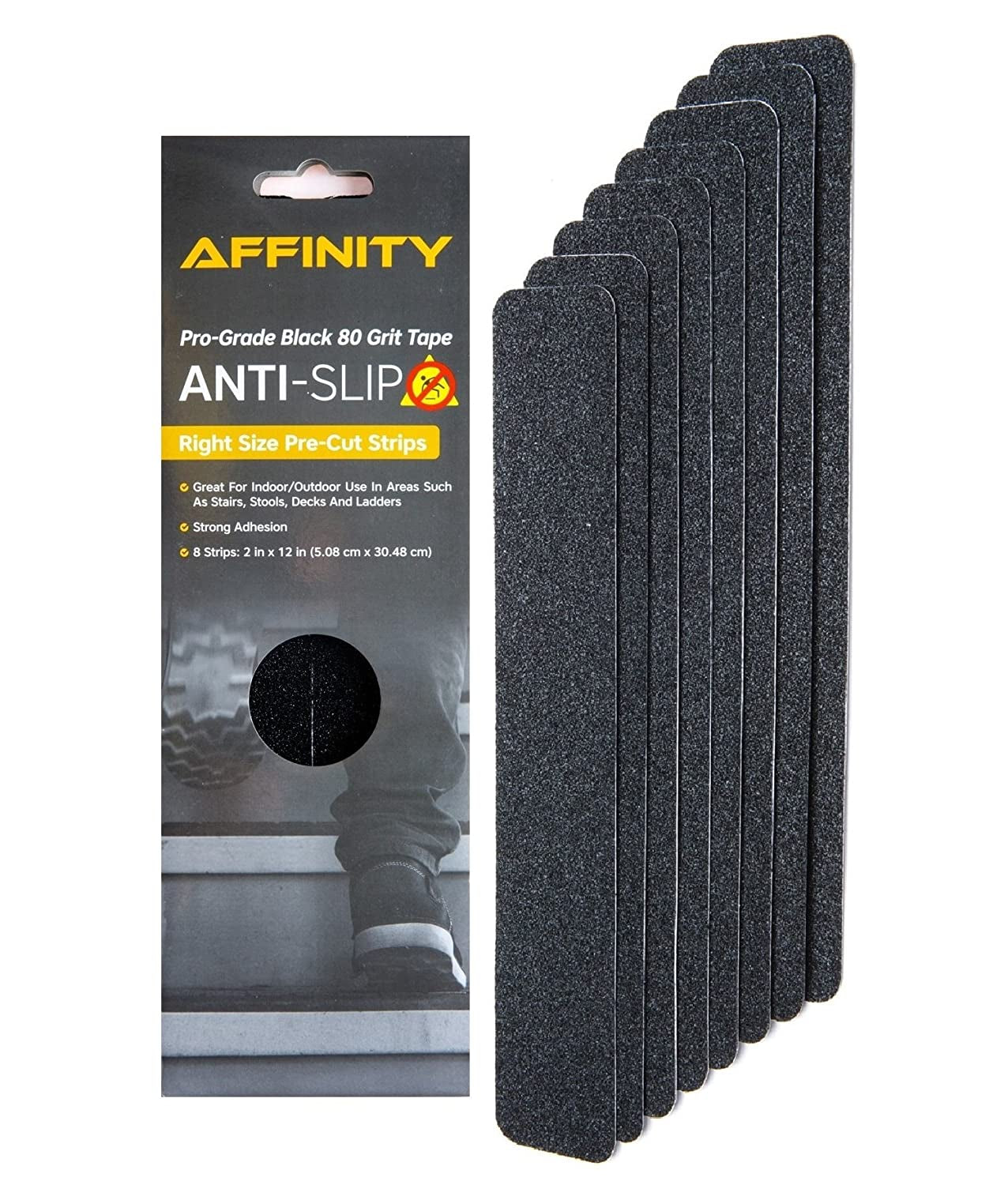 Anti-Slip Tape - Premium 8 Pre-Cut Strips, Black 80 Grit Slip Resistant Safety Treads - 2 Inch X 12 Inch Rounded Corners - Right Size and Ready to Use for Easy Application