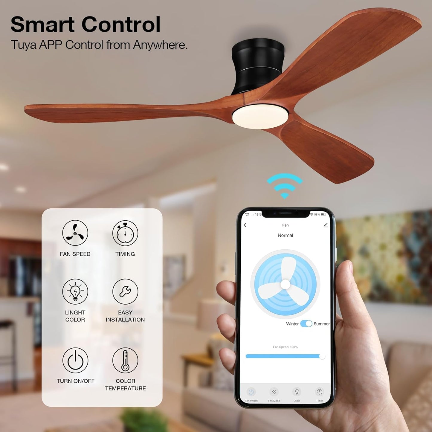 Smart 52” Wood Flush Mount Ceiling Fans with Lights Remote,Quiet DC Motor,Outdoor Indoor Low Profile Ceiling Fan,Voice Contorl with WIFI Alexa App Control,Modern Fan for Bedroom Patio